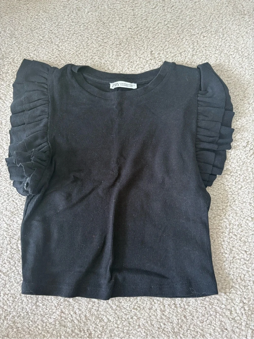 Zara Black Short Sleeve Top with Layered Ruffle Sleeves